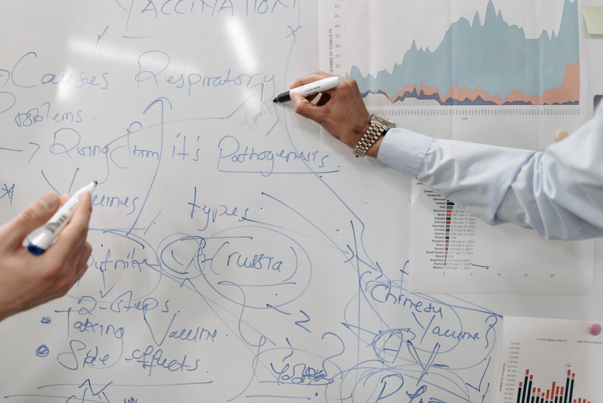 A hand drawing a process diagram on a whiteboard